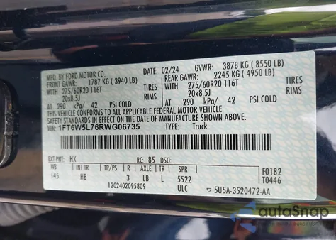 2024 Ford F-150 Lightning Lariat from USA, damaged, VIN 1FT6W5L76RWG06735